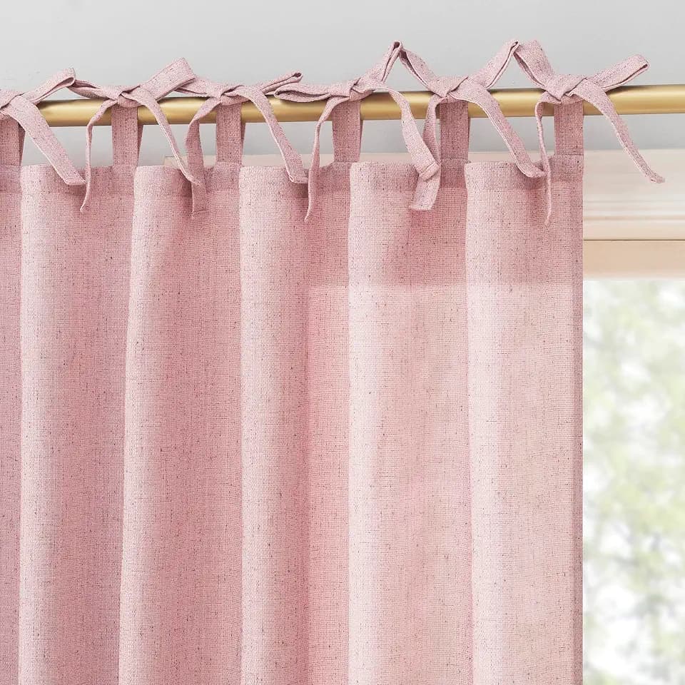 Sun Zero Generation Roxy Dorm Curtain Slub Texture Tacked Bow Semi-Sheer Tie Top Curtain Panel, 50" x 63", Pink