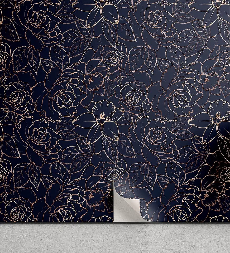 Ambesonne Navy Blue Peel & Stick Wallpaper for Home, Abstract Hand Drawn Interpretation of Narcissus Rose Daffodil Peony Flower, Self-Adhesive Living Room Kitchen Accent, 13" x 100", Indigo Brown