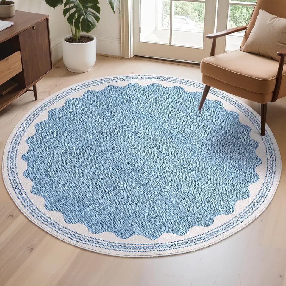 4ft Scalloped Round Rug Blue Washable Living Room Bedroom Area Rugs
