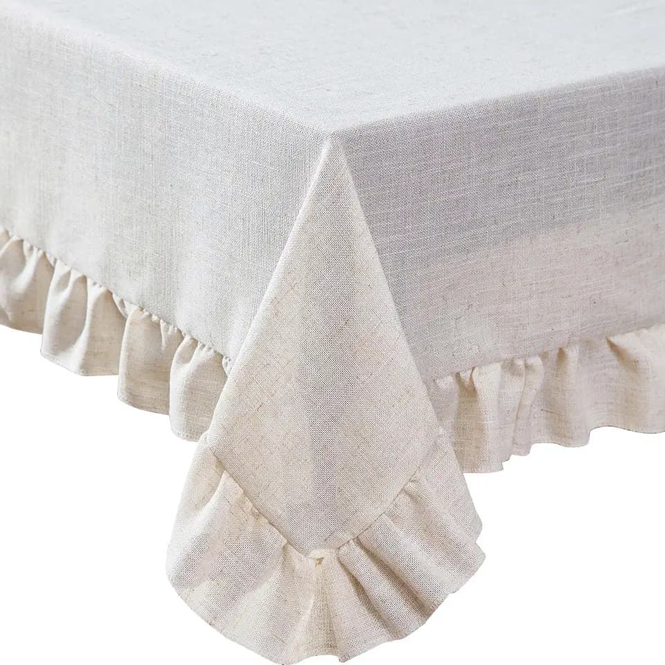 Laura Ashley Dothan Linen Blend Tablecloth, 60" x 84" Ruffled, Taupe
