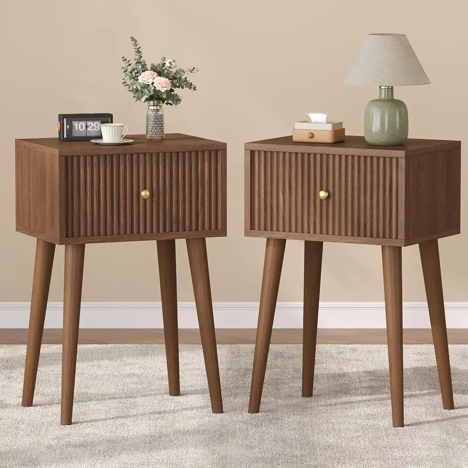 Akxomel Small Nightstand Set 2 Fluted Wooden Nightstands Wood Legs Walnut