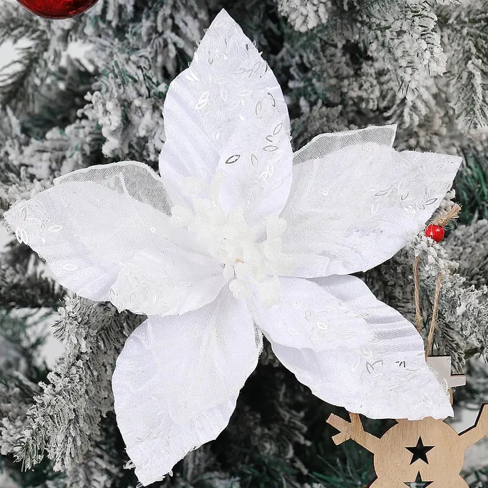 10.7’’ Large Velvet Christmas Flowers 6 Pcs Artificial Poinsettia Flower Ornaments Glitter Christmas Tree Flowers Big Xmas Tree Wreath New Year Party Wedding Decorations (White)