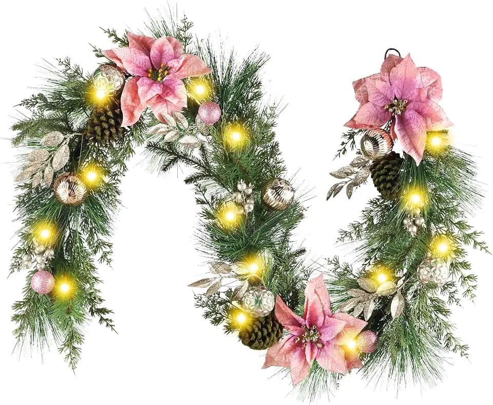 DecorbyHannah Pink Christmas Garland with Lights, 6Ft Prelit Poinsettia Christmas Garland for Mantle, Stairs Railing, Lighted Xmas Garlands with Pine Cone, Ornaments for Home Outdoor Decor