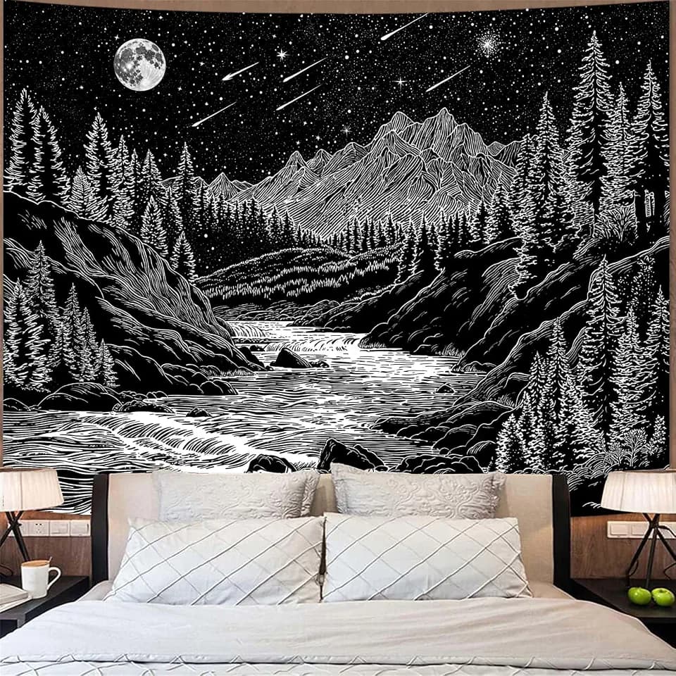 Zussun Black and White Forest Mountain Tapestry for Bedroom Aesthetic Dark Nature Pine Trees Stream Tapestries Wall Hanging Moon and Stars Wall Tapestry for Living Room Dorm 60 × 44 Inch