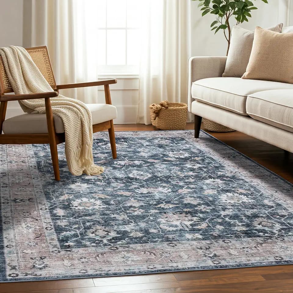 Delara Machine Washable Area Rug, Soft & Durable, Non-Slip, Stain Resistant Rug for Bedroom, Living Room, Dining Room, High Traffic Areas. (Indigo Bloom, 6' X 9')