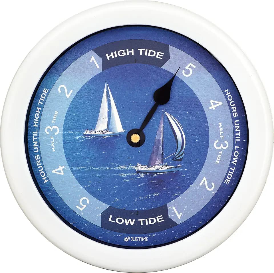 JUSTIME 8.5 Inch Atlantic Tide Clock for East Coast, High Tide Low Tide Clock with Plastic Water Resistant Case, Colorful Graphics Designed Home Wall Décor (TT024-Yacht White)