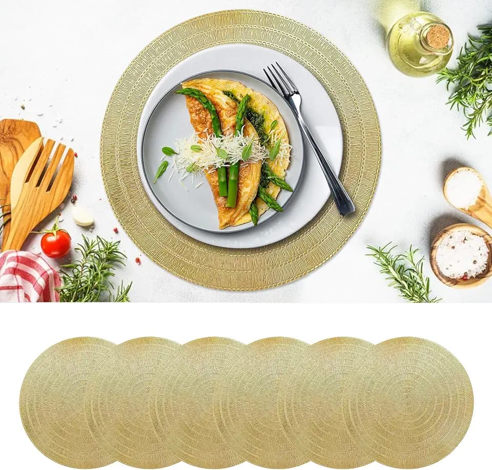 Gold Placemats Set of 6, 15 Inch Round PVC Table Mats, Heat-Resistant & Waterproof Washable Place Mats for Dining Table, Elegant Metallic Decor for Holiday Dinner Party Decorations