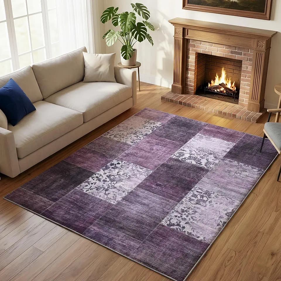 Carvapet 5x7 Purple Floral Vintage Area Rug Washable Low Pile Carpet