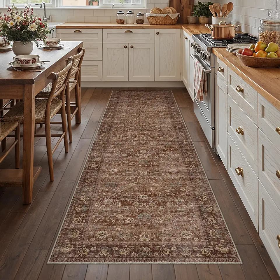 HUGEAR 3x8 Brick Red Vintage Floral Washable Runner Rug for Hallway