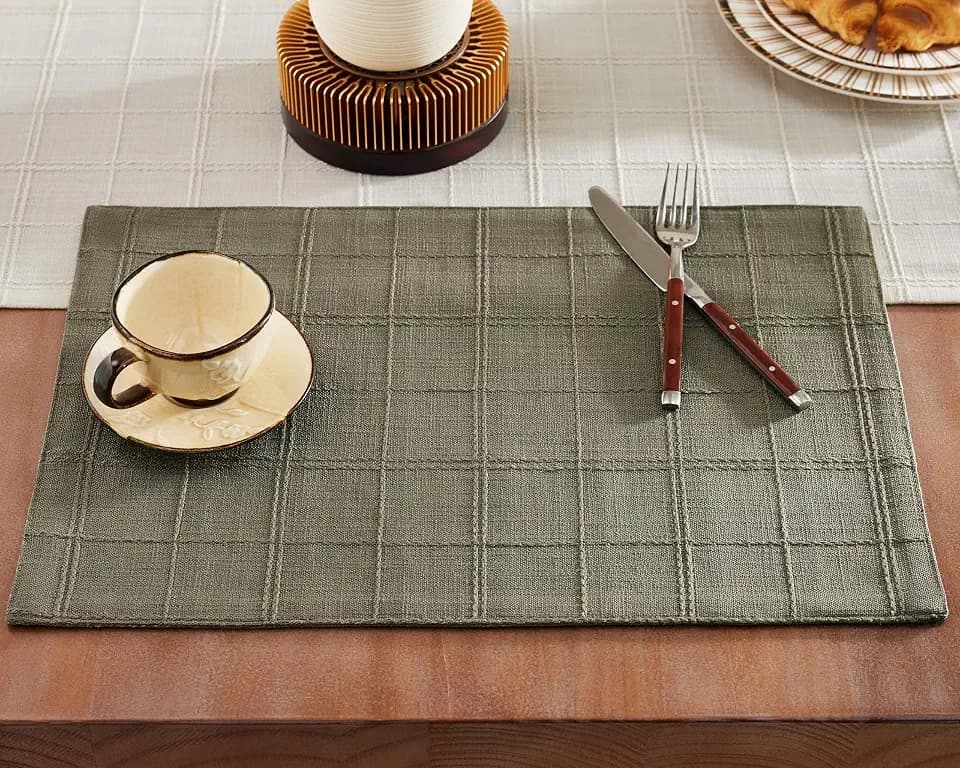 ZeeMart Linen Checked Farmhouse Placemats Set of 6, Olive 13x19in