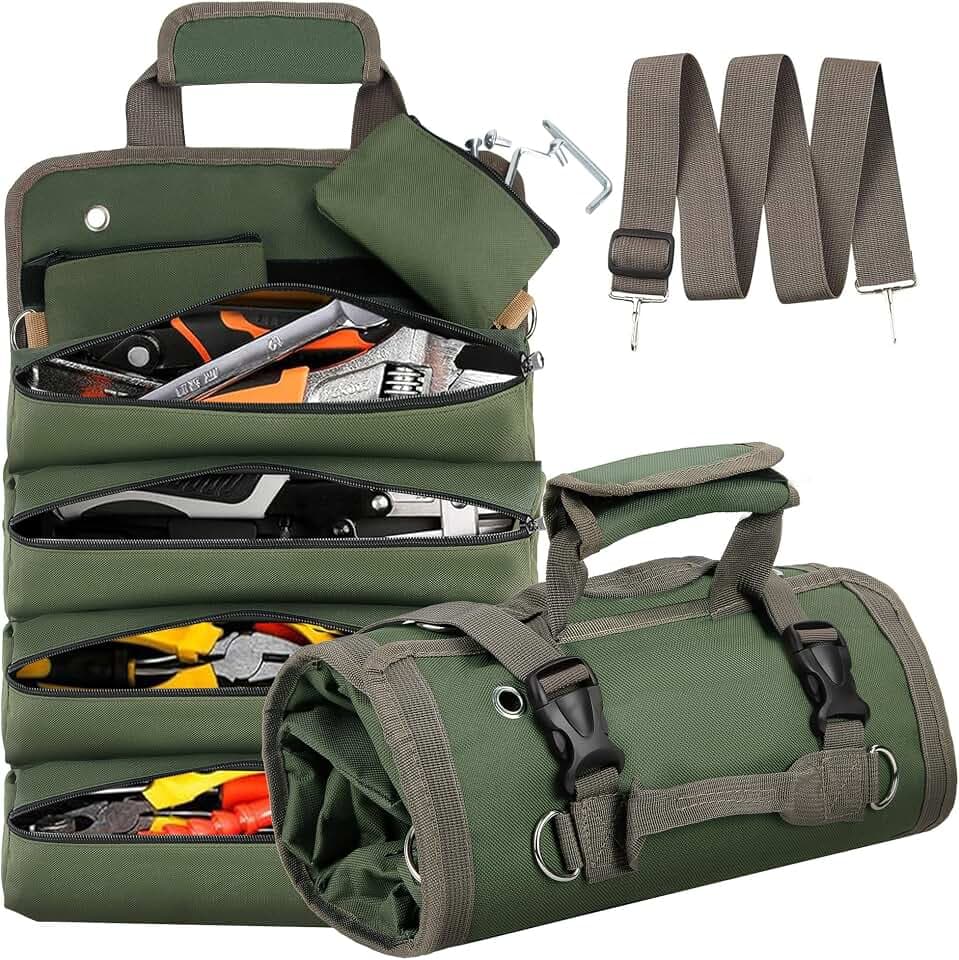 Hvygss Roll Up Tool Bag Heavy Duty, 11-in-1 Organizer for Motorcycle, Green