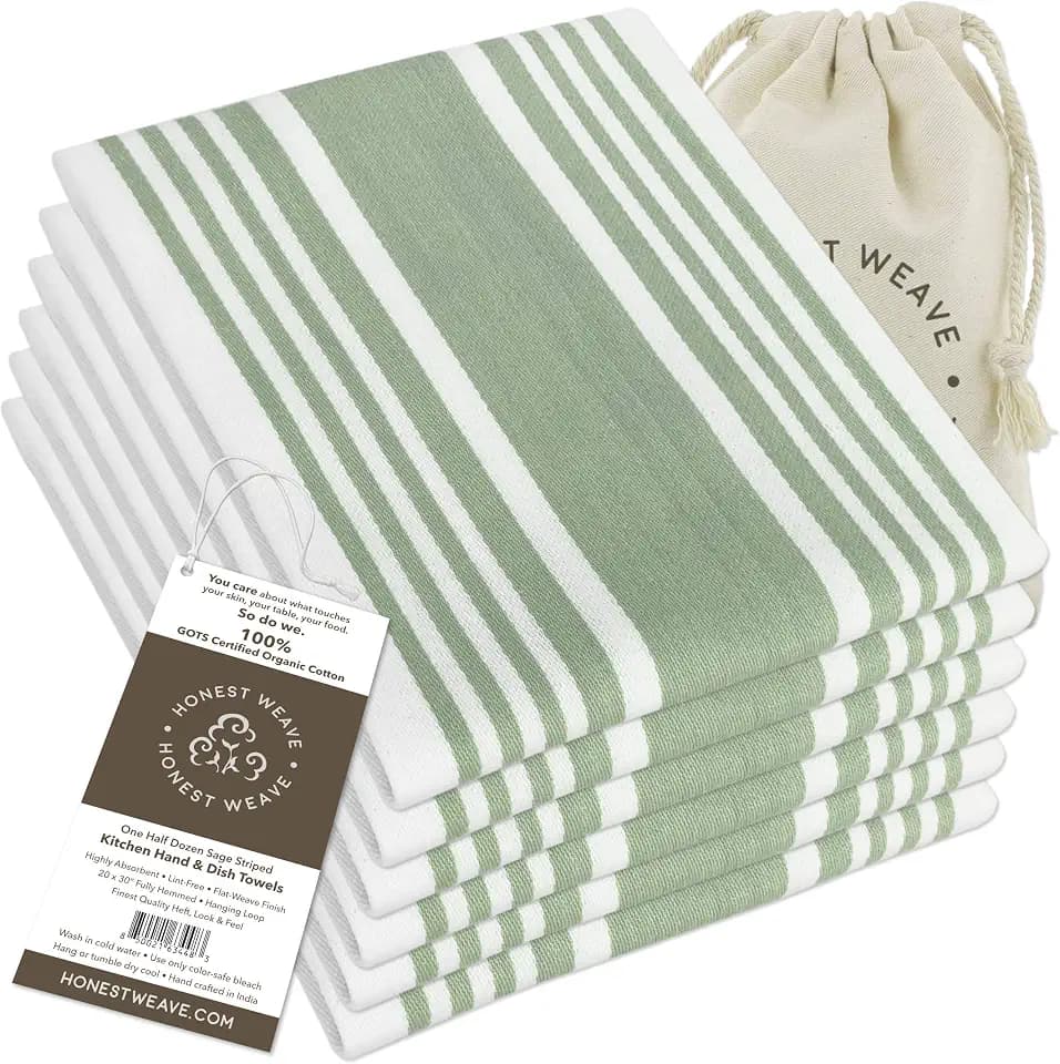 HONEST WEAVE Organic Cotton Kitchen Towels, Sage Stripe, 6-Pack, 20x30 in