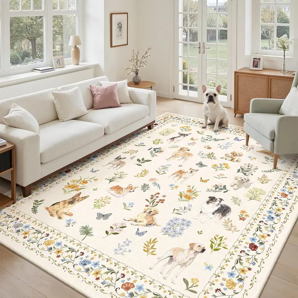 Soalmost Dog 5x7 Area Rugs for Living Room, Washable Animal Soft Rug Beige