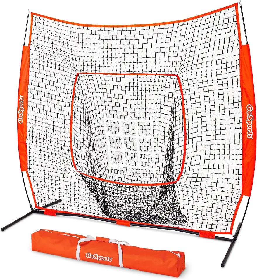 GoSports 7 ft x 7 ft Baseball & Softball Nets - Red, Black, Drip or PRO - Practice Hitting & Pitching Net with Bow Type Frame, Carry Bag and Strike Zone, Great for All Skill Levels