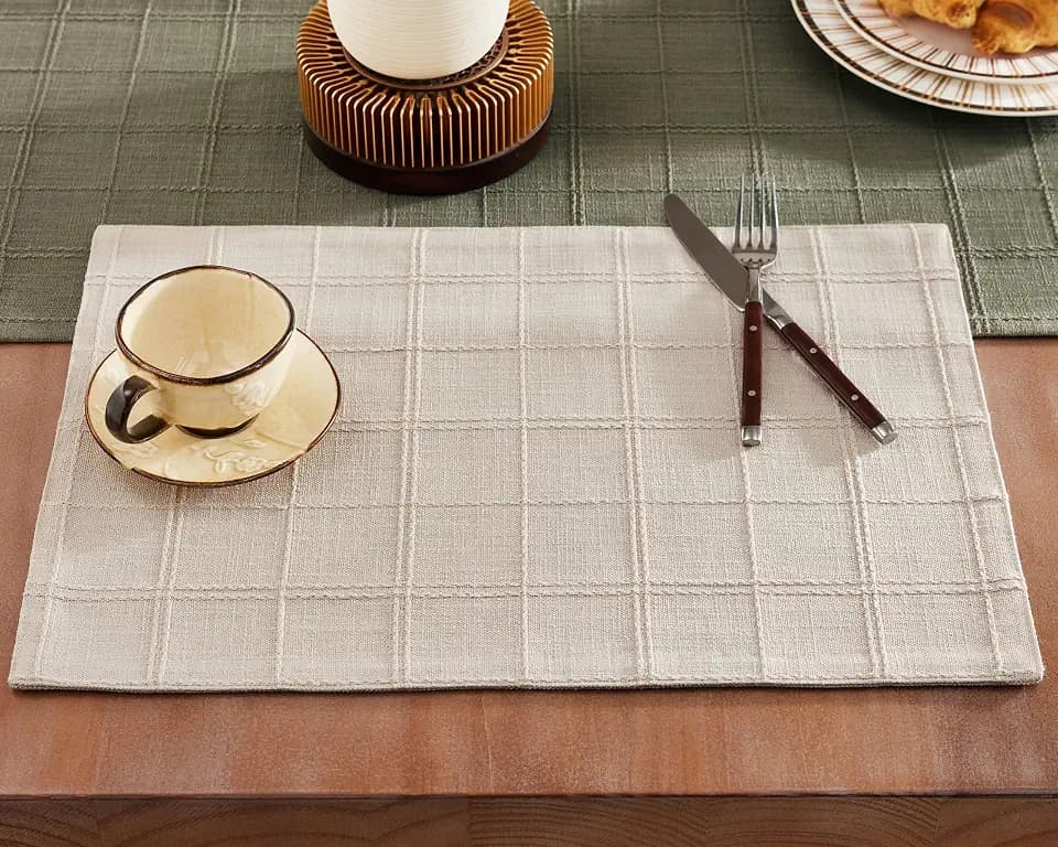 ZeeMart Linen Checked Farmhouse Placemats Set of 6, Neutral Beige 13x19in