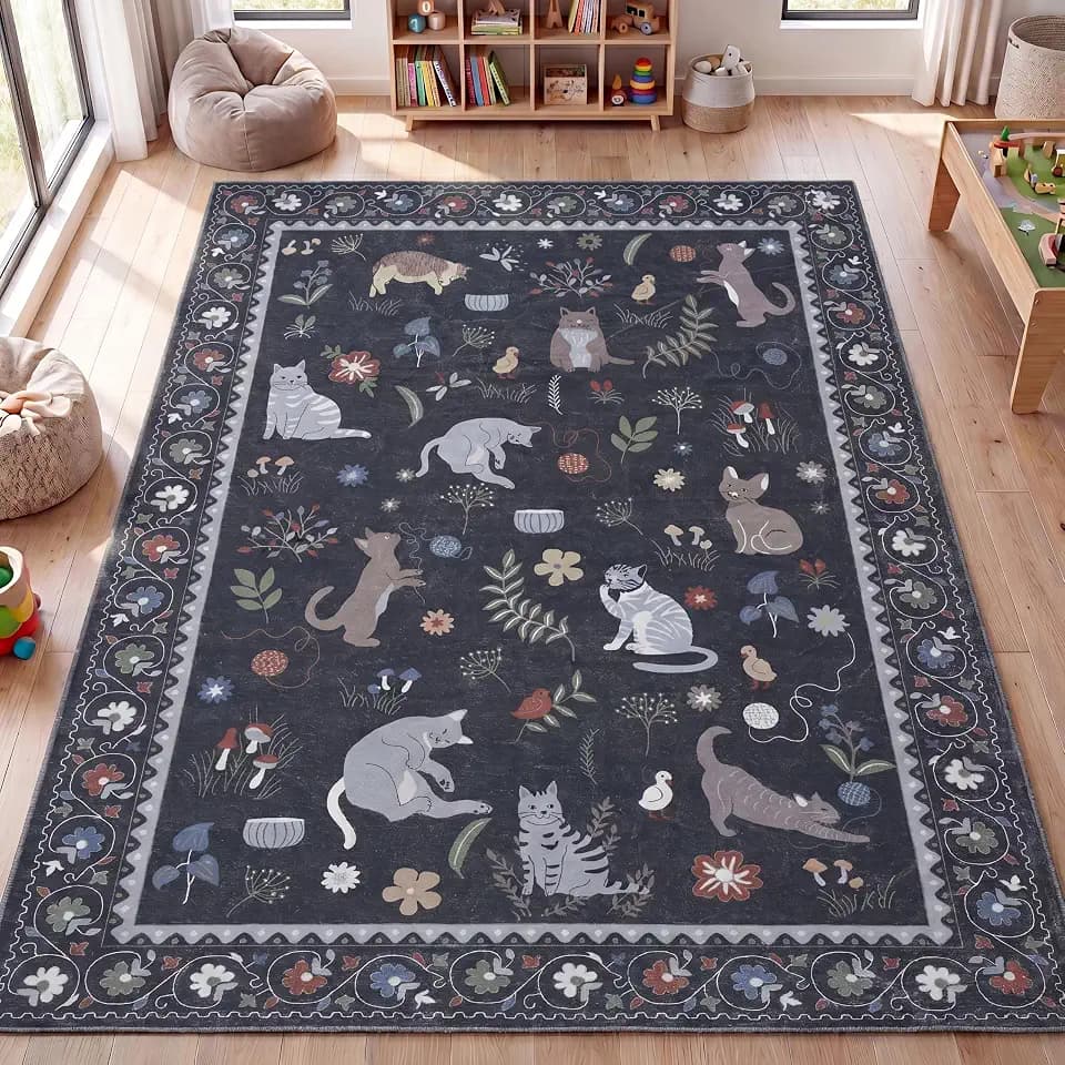 JONATHAN Y Animal Washable Polyester Machine-Washable Area Rug, Charcoal Catmosphere Festive Feline Floral Border Design, 5' x 8', Whimsical Low-Pile with Non-Slip Backing for Living Room ANM100C-5