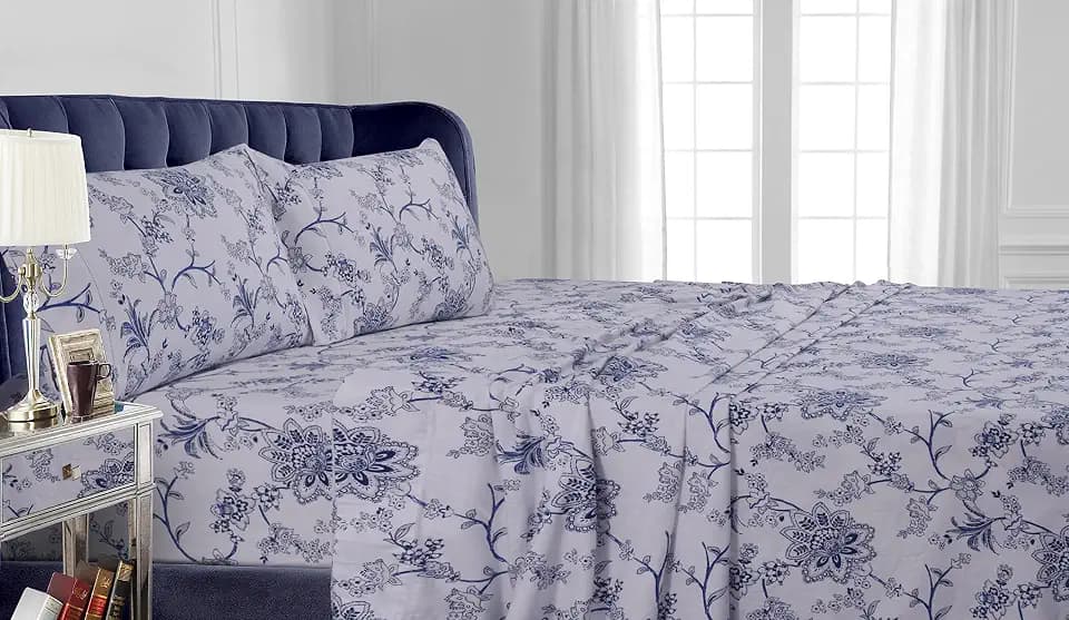 Tribeca Living Flannel Sheets Cal King Size - 100% Cotton Flannel Sheet Set, 200 GSM Deep Pocket Cal King Flannel Sheets, 4 Piece Ultra Soft Brushed Cotton Flannel Sheet in Floral Blue Print