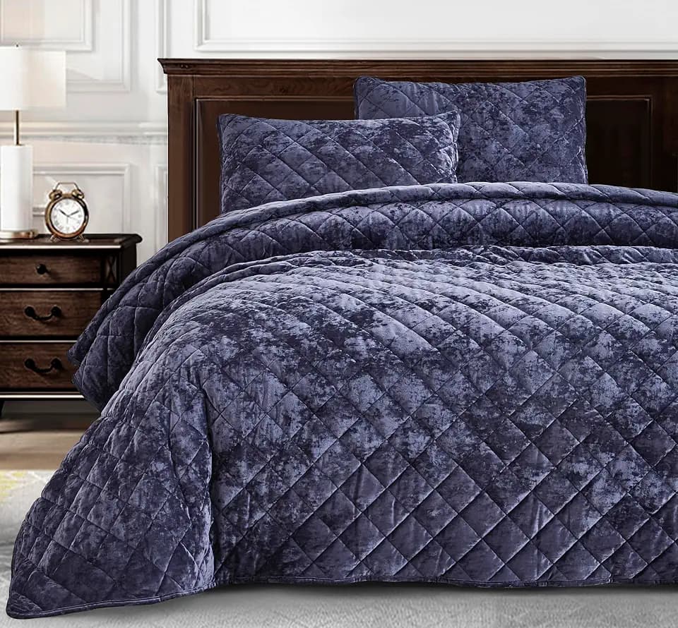 Chezmoi Collection Lux Purple Velvet Quilt King Set, 3-Piece Plush Distressed Velvet Bedding All Season Lightweight Comforter Brushed Microfiber Reverse with Diamond Stitch Quilting