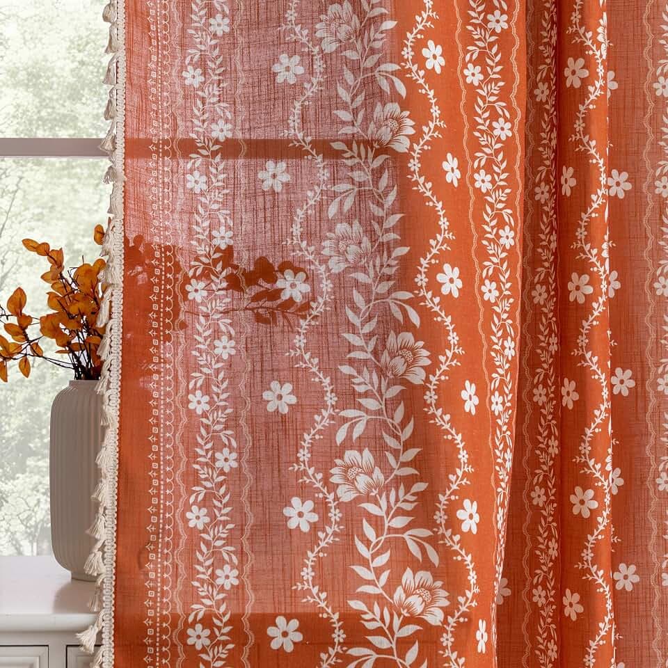 MYSKY HOME Terracotta Boho Floral Linen Curtains 72 Inch Long for Bedroom