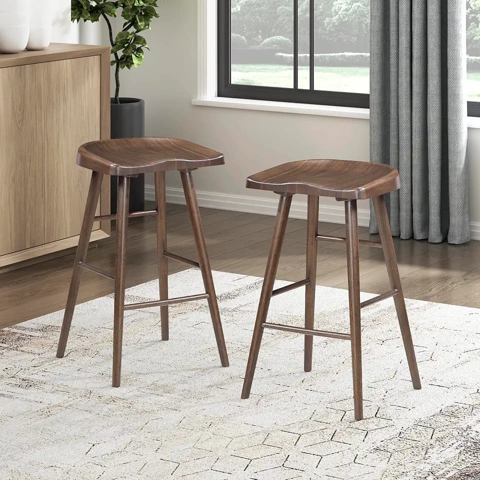Lexicon Wooden Bar Height Stools, Saddle Seat, Set of 2, Brown