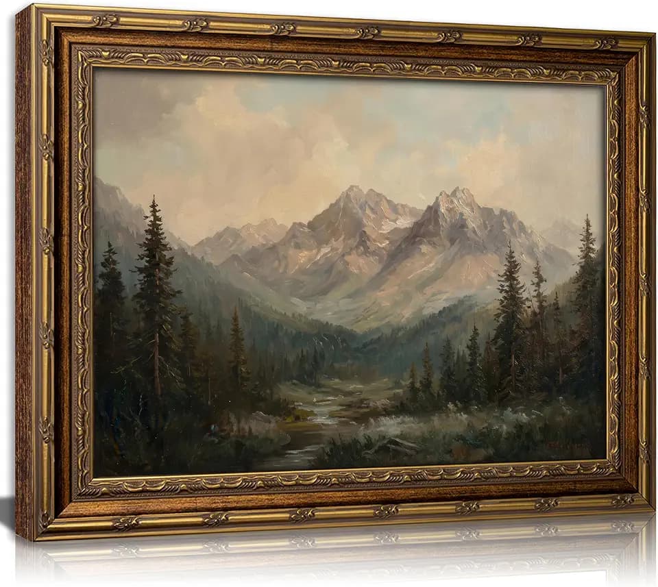 KKP Vintage Mountain Landscape Framed Wall Art, Antique Landscape Wall Decor - Mountain Forest Oil Painting Print Nature Scenery Art Classical Rustic Canvas for Living Room Cabin Study 16x24 Inch