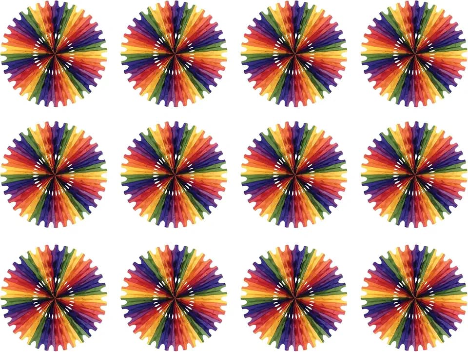 Beistle 12-Piece Tissue Fans in Rainbow, Decorative Ceiling/Wall Hanging for Birthday, Bridal/Baby Shower, Anniversary, Events, Parties, 25"