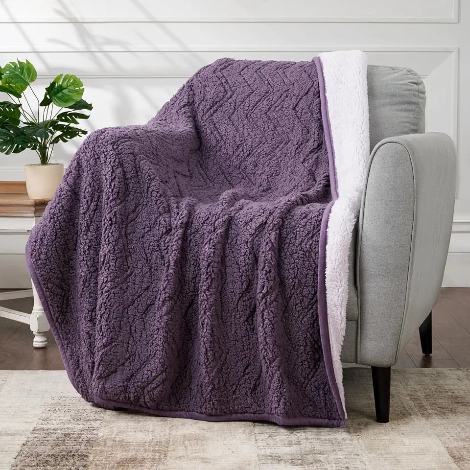 Cozy Chevron Sherpa Throw Blanket - Soft Reversible Plush Couch & Bed Throw - Great Gifts for Women, Mom, Friends (Plum, 50" x 60")