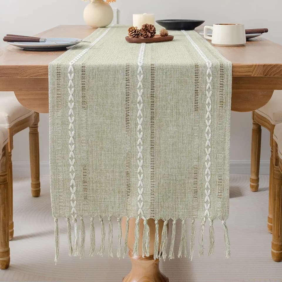 Farmhouse Rustic Sage Green Table Runner with Tassels 15 x 72 Inches