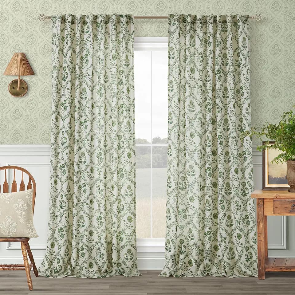 Extra Long Green Floral Linen Curtains 120 Inches Long for Living Room
