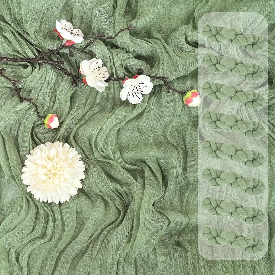 8 Pack Sage Green Cheesecloth Table Runner 17x108 Inch Boho Gauze Cheese Cloth Table Runners Romantic Rustic Semi Sheer Table Decor for Wedding Baby Shower Birthday