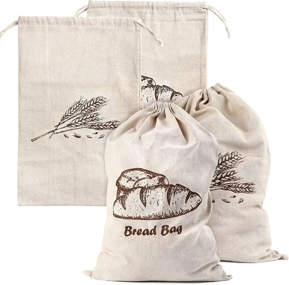 Augshy 4 Pcs Linen Bread Bags for Homemade Bread Container