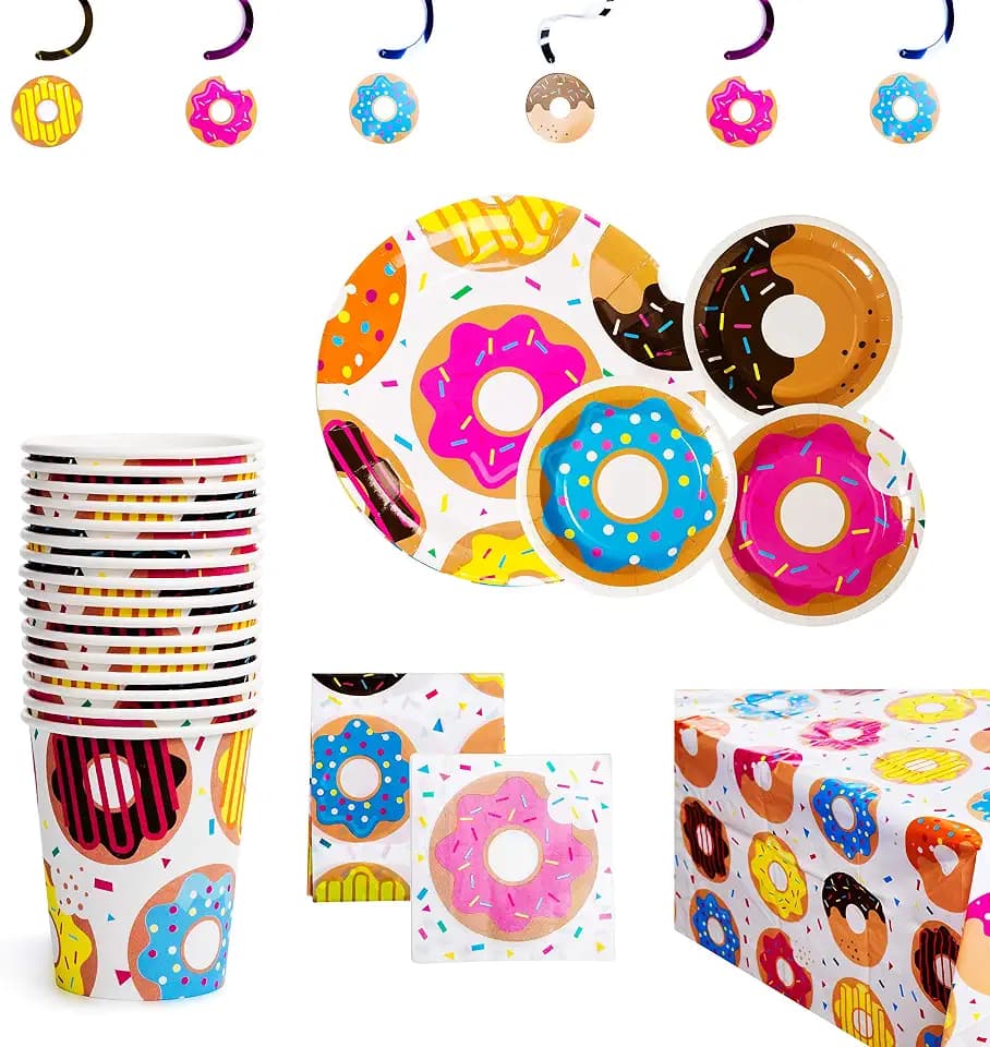 Donut Party Supplies - Party Themed Set Birthday Decorations Bundle - Donut Grow Up - Includes: Big and Small Plates, Tablecloth, Danglers, Cups, Napkins (Serves 16)