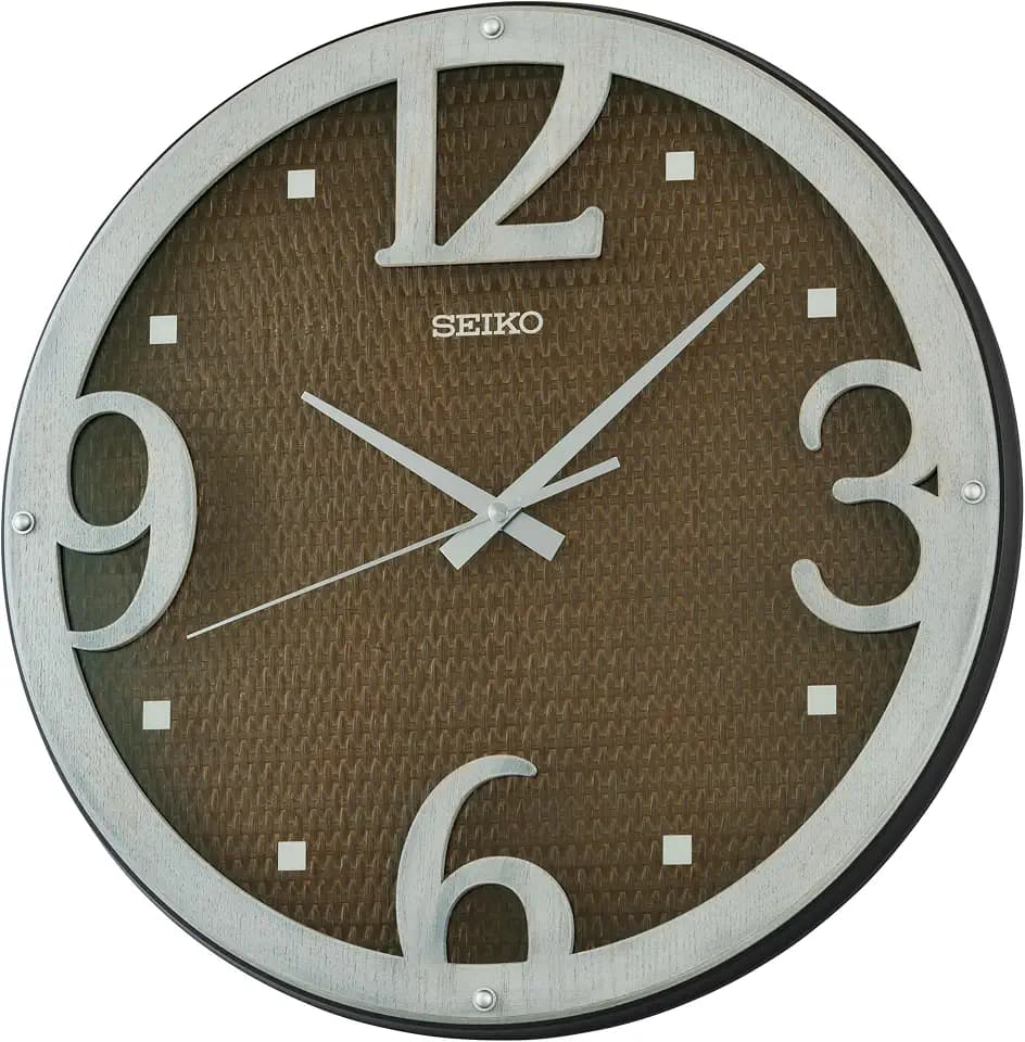 SEIKO QXA841BLH Large Quarter Number Rattan Non Ticking Wall Clock, Gray, 15.6 Inch