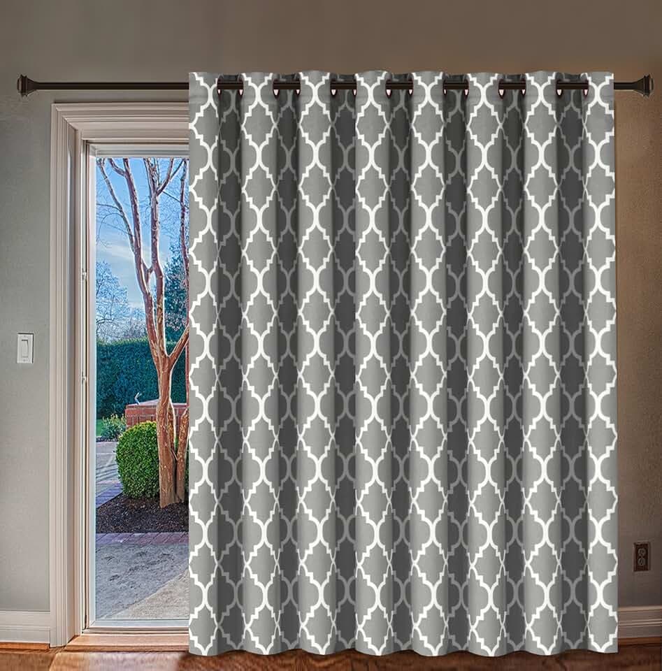 H.VERSAILTEX Extra Wide Blackout Curtain 100x84 Inches Thermal Insulated Curtain for Sliding Glass Door -Grommet Top Patio Door Curtain - Moroccan Tile Quatrefoil Pattern, Dove and White