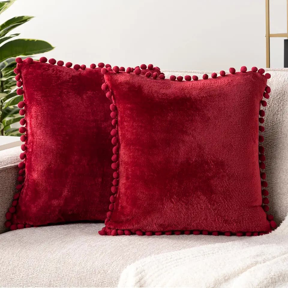 PAVILIA Maroon Red Decorative Throw Pillow Covers Pom Pom 20x20 Set of 2