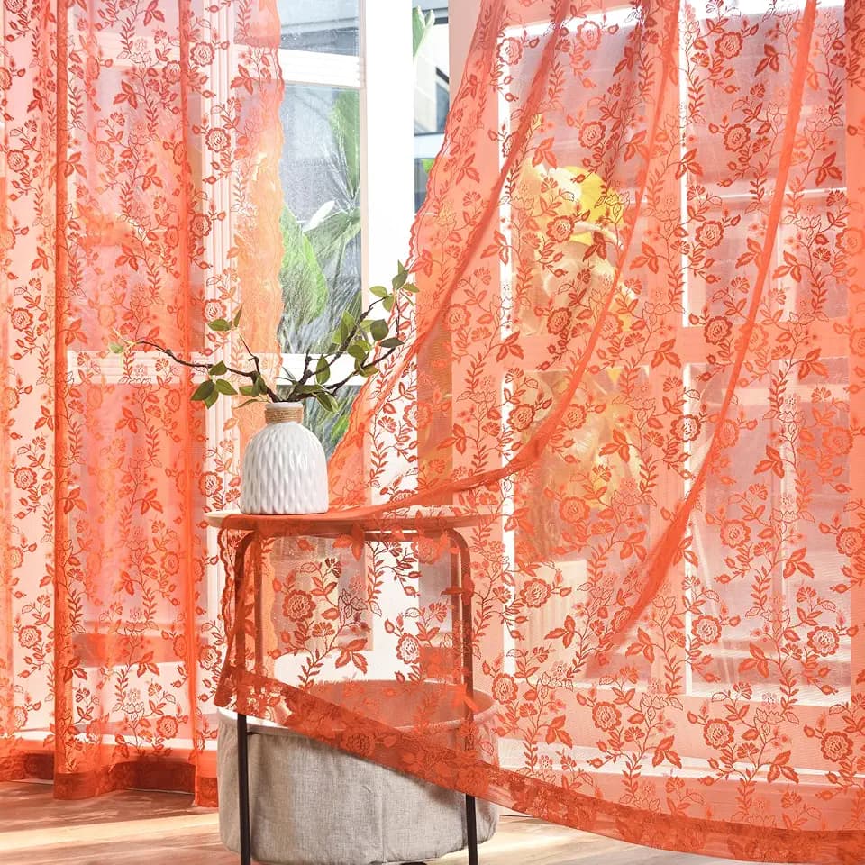Burnt Orange Floral Lace Curtains for Bedroom W42 x L54 Inch, 2 Panels