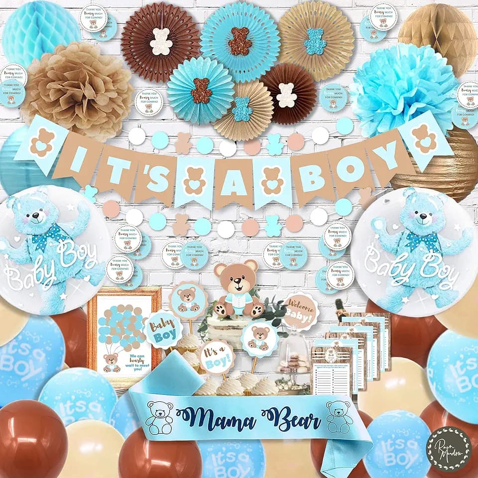 323 Pc Teddy Bear Baby Shower Decorations for Boy Kit Blue