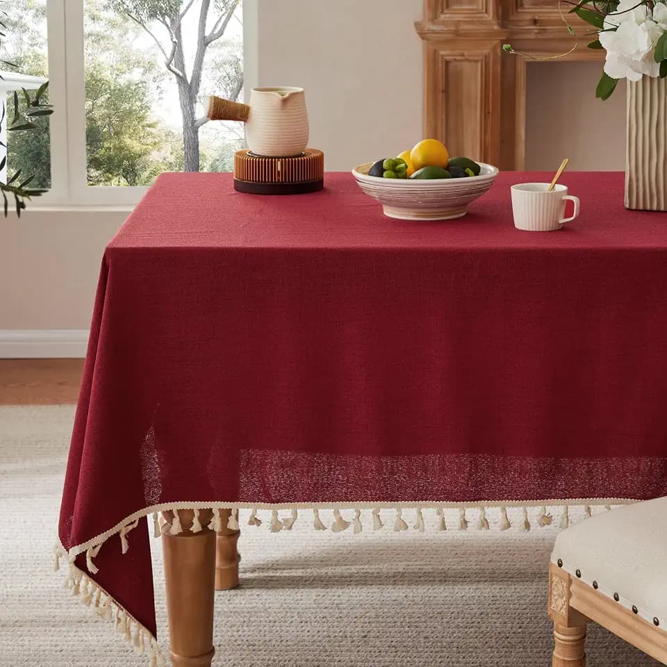 Tassel Linen Rectangular 6ft Table Cloth, Burgundy 60x104 Inch
