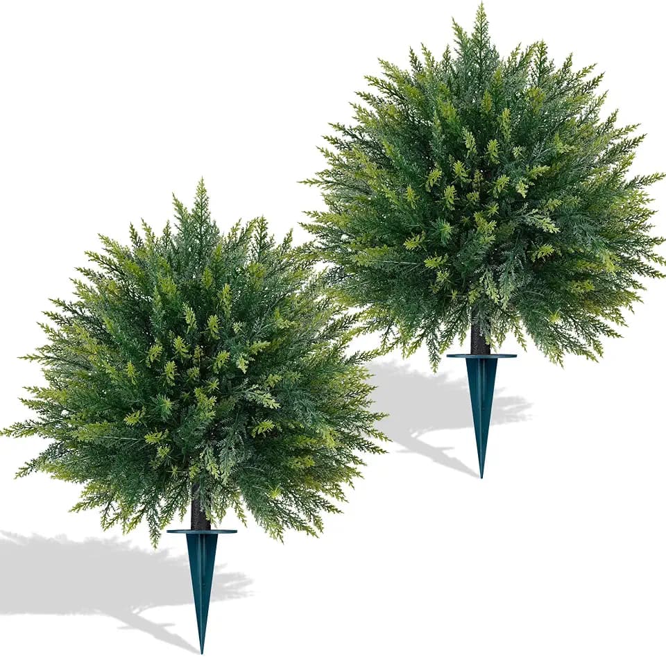Yangrass 2PCS Artificial Cedar Topiary Ball Tree with Ground Spike,23"(2FT)