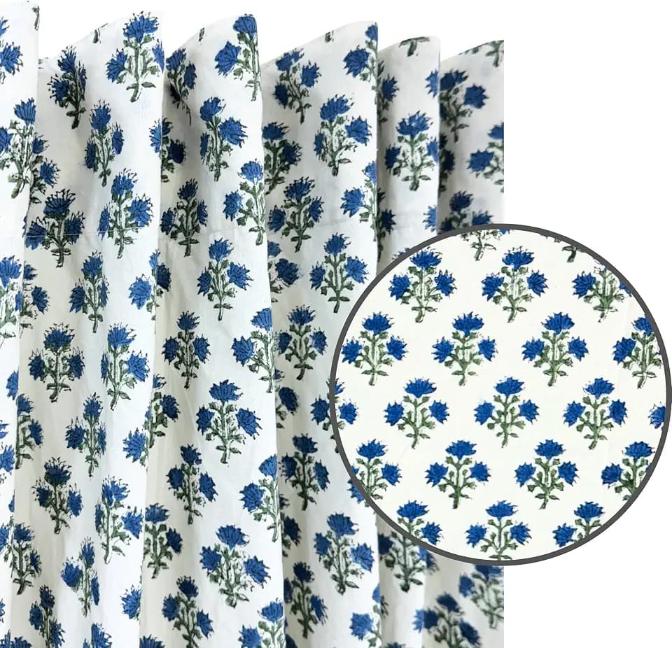 ATOSII 100% Cotton Single Panel Floral Block Print Curtain, Easy Hanging with Rod Pocket & Loop, Living Room, Dining Room, Bedroom Light Filtering Boho Curtains, Set of 1, 60"W X 96"L, Gulbahar Blue