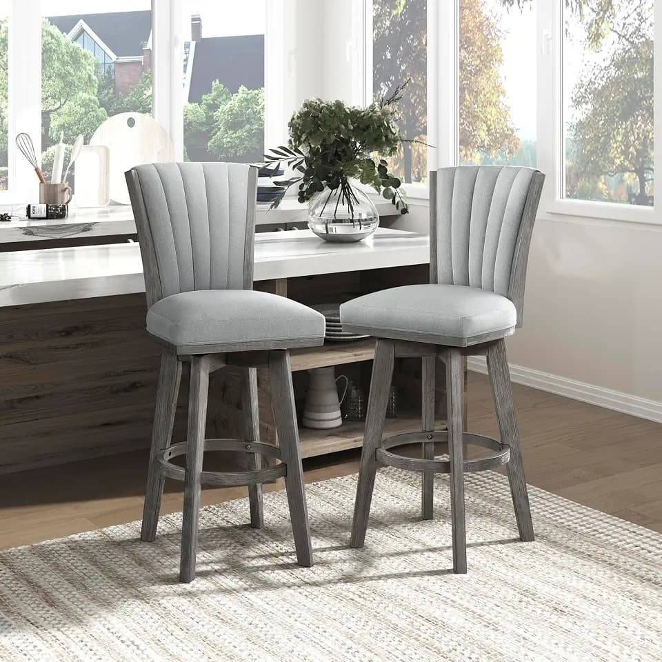 Lexicon Swivel Bar Stools Set of 2, Wood Frame Bar Height Stools with Footrest and Back, for Kitchen Island, Dining Room, 30.5" SH, Grey Finish and Thick Grey Velvet Cushion Seat