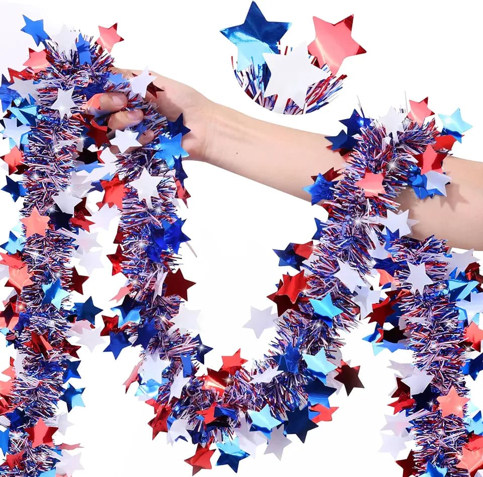 50FT 4th of July Patriotic Decor Tinsel Garland Decorations, Red White and Blue Star Garlands for Memorial Day Decor Fourth of July Independence Day Indoor Outdoor Yard Home Party Decor Supplies