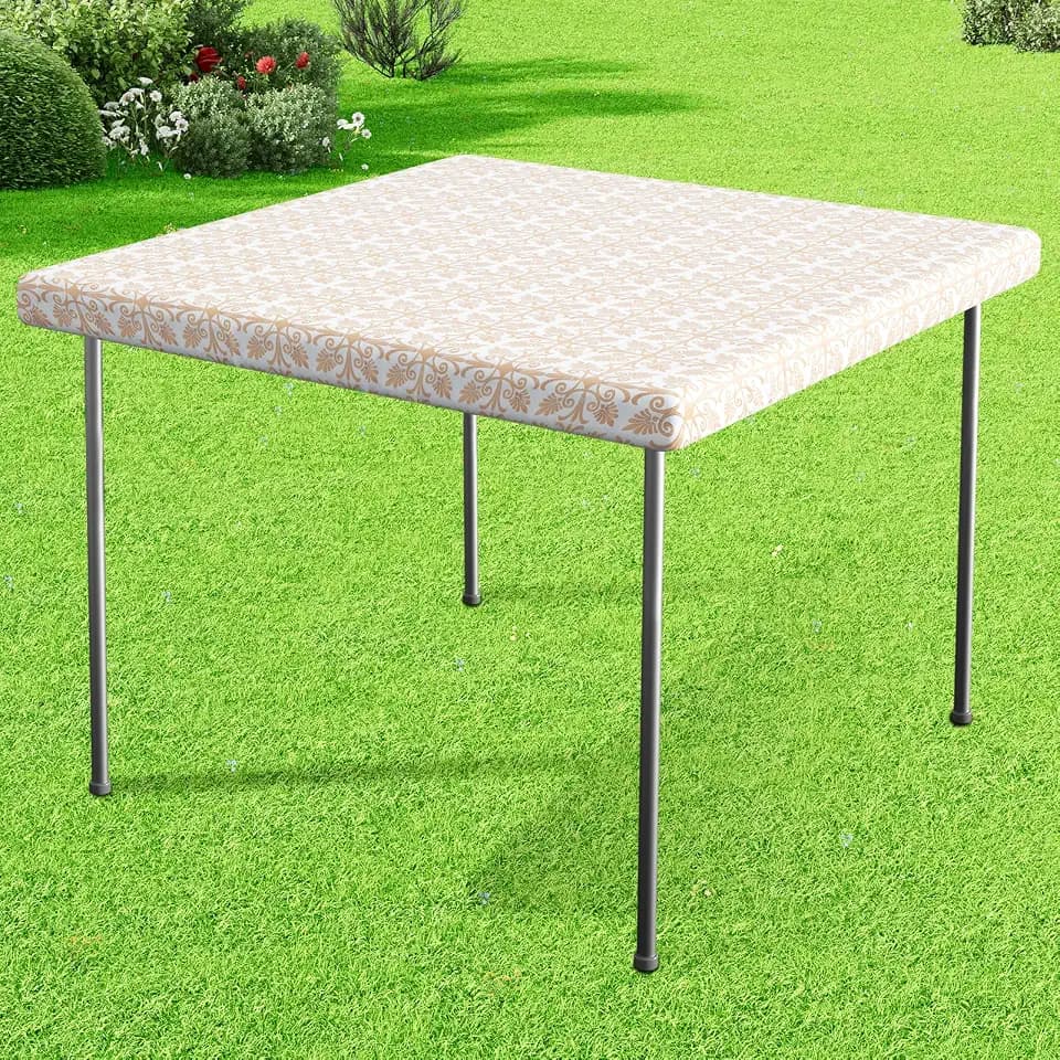 misaya Sqaure Vinyl Table Cloth, Elastic Fitted Flannel Backed Tablecloth, 100% Waterproof Plastic Table Cover Fits Folding Tables for Picnic, Camping, Outdoor (Khaki, 34" x 34")