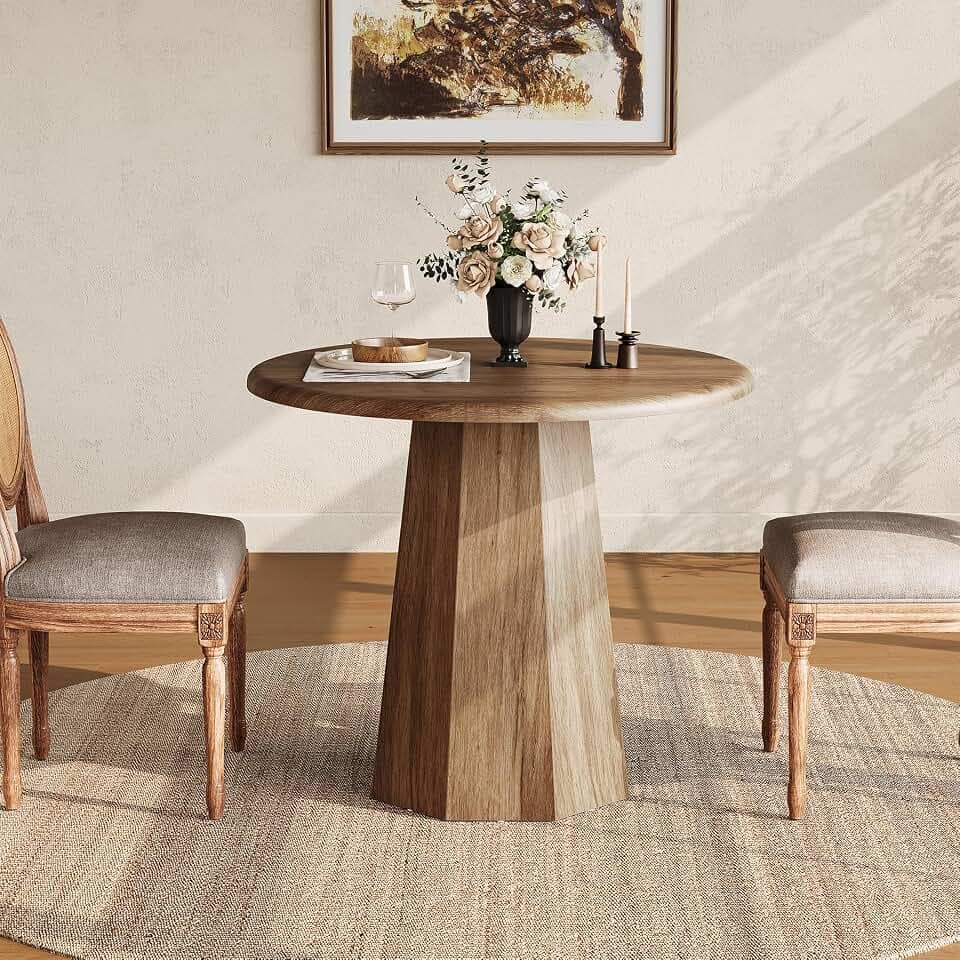 LITTLE TREE 31.5" Round Dining Table for 4, Wood Kitchen Table for Dining Room, Small Dinner Table with Wooden Tabletop and Octagonal Base for Apartments, Office & Restaurants, Deep Brown (Oak Brown)
