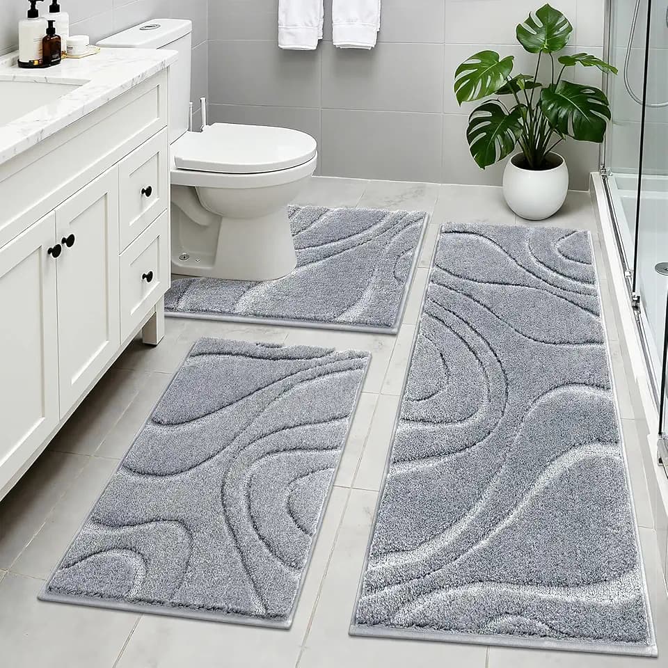 HEBE Bathroom Rugs Set 3 Piece, Soft Bath Mat Set Non Slip Washable, Grey