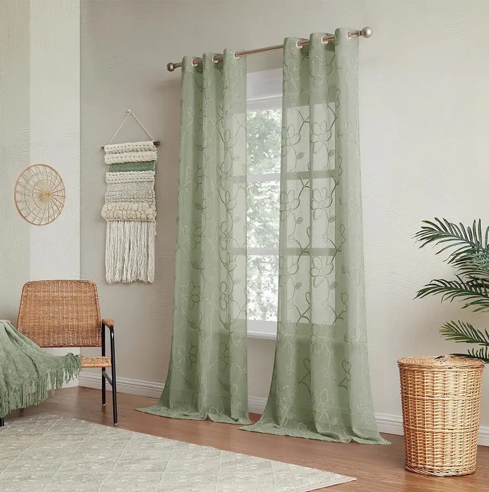 Olive Green Sheer Curtains 84 Inch Length, Linen Look Floral Light Filtering Window Curtain Panels, Semi Sheer Grommet Top Drapes for Living Room Bedroom, 2 Panel Set