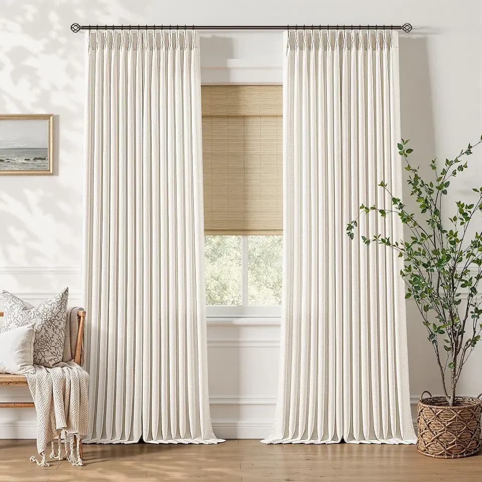 92 Inch Pleated Flax Linen Semi Sheer Curtains Natural Beige 92 Inches Long