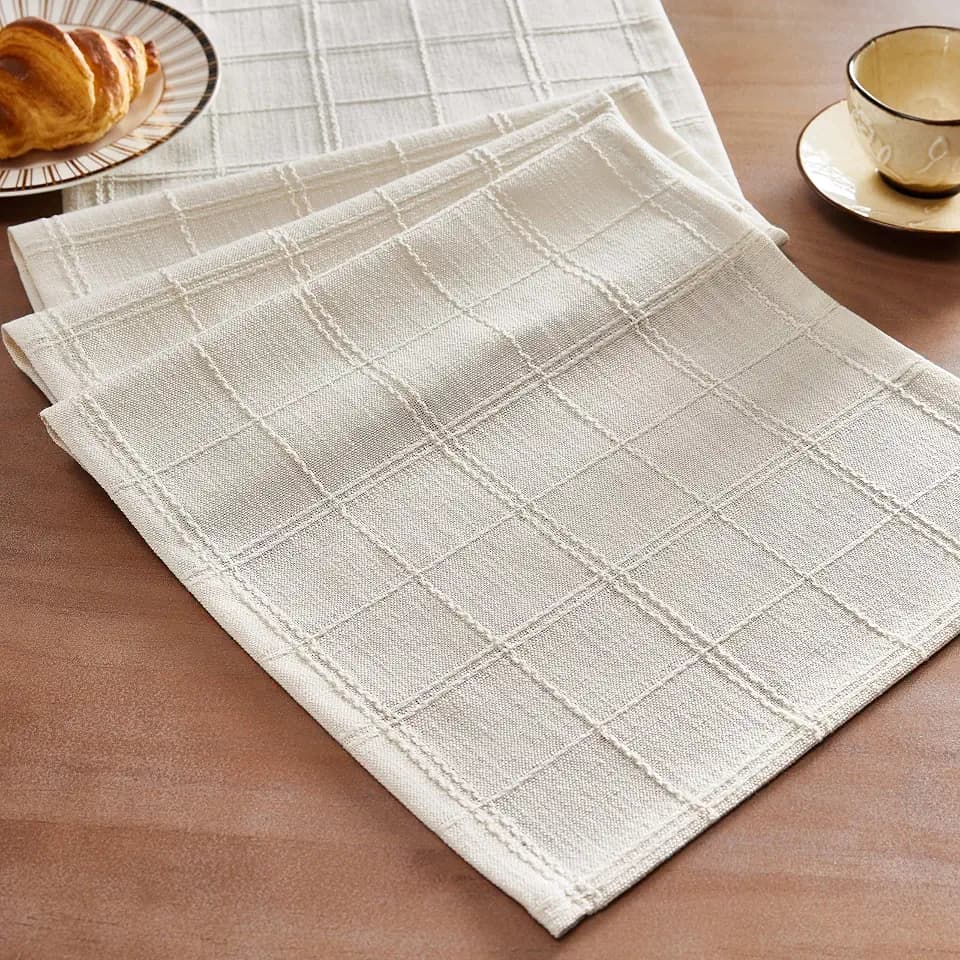 ZeeMart Linen Checked Farmhouse Table Runner, 13x90 Inches Ivory