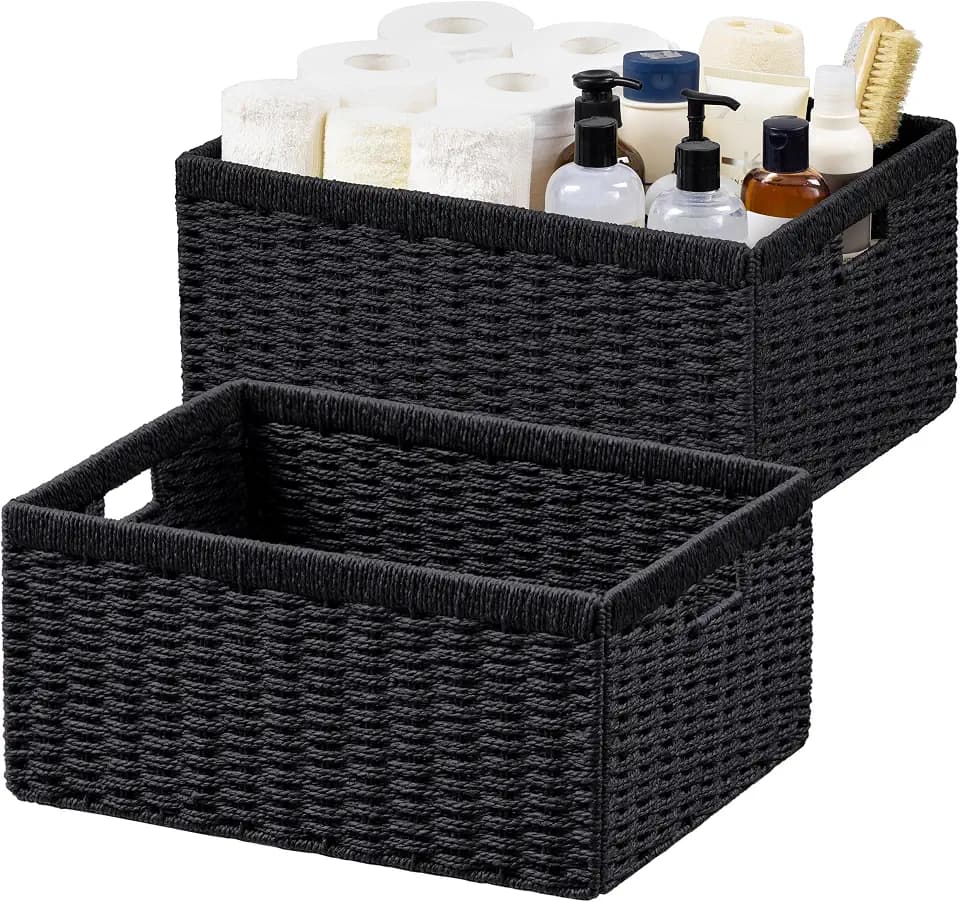 UBBCARE 2 Pack Wicker Basket, 16.5L×13H×7.5W inch Woven Paper Rope Storage Baskets for Shelves, Foldable Rectangular Storage Baskets with Handle, Storage Basket for Organizing, Black