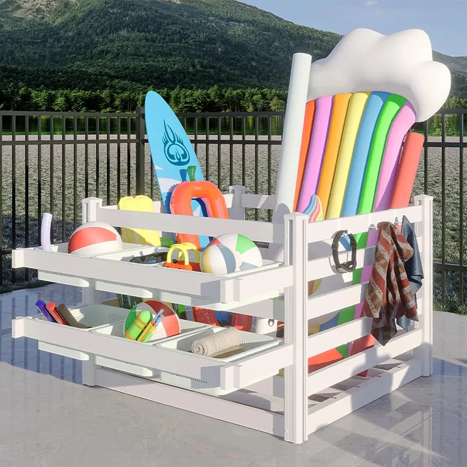 63" L x 46" W x 38" H Vinyl Poolside Deckbox Storage Organizer with 9 Movable Hooks, Pool Storage Equipment Organizer Holder - White